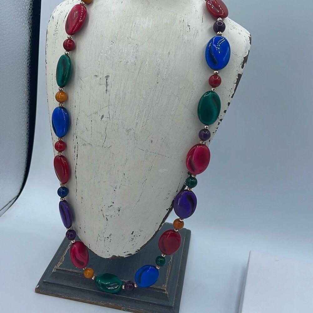 Vintage multi colored glass long necklace.
